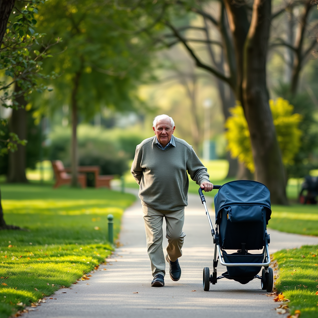 elderly man walking with a stroller on a pathway in a park, soft natural lighting, vibrant colors, candid shot, 50mm lens, aperture f/2.8, ISO 200, shutter speed 1/200s, DSLR camera