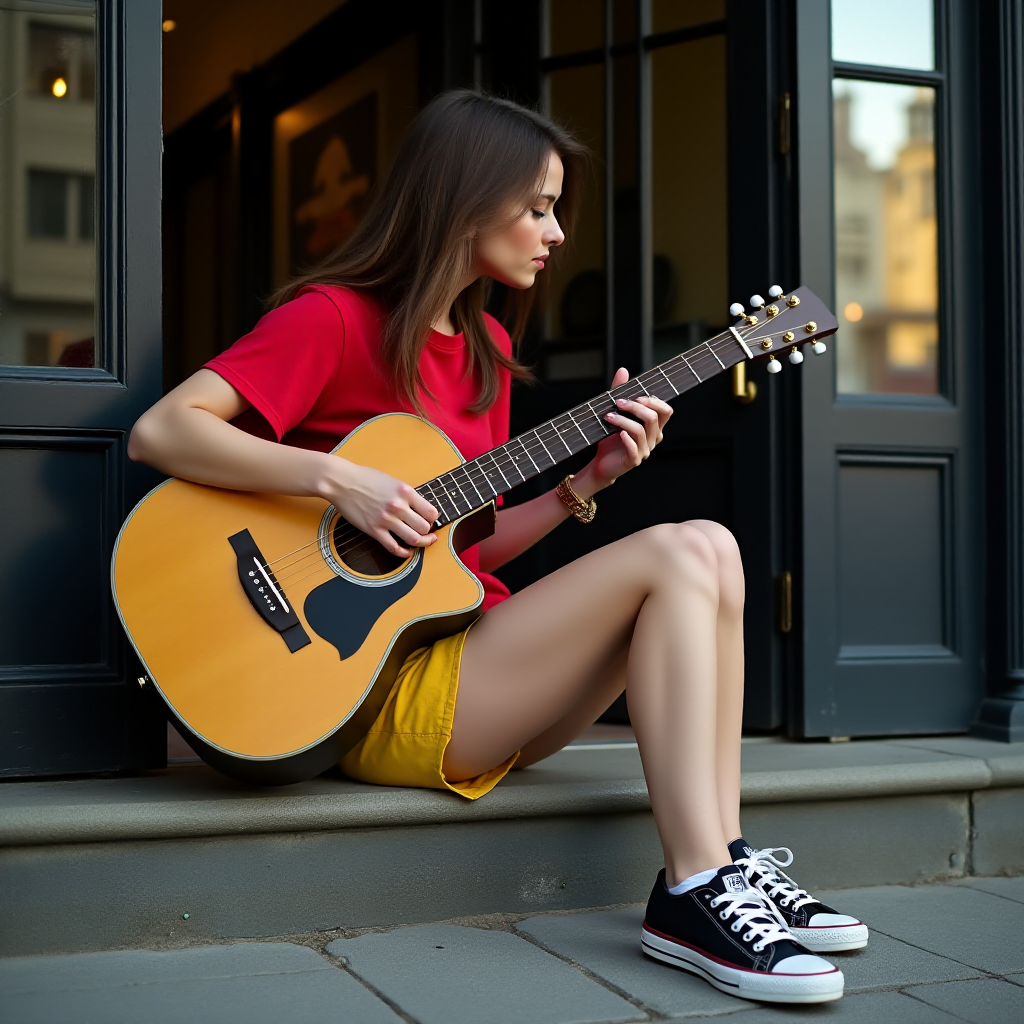 Ultra-realistic and very detailed image, high resolution and definition of a young woman, a rocker. She's sitting on the step of a doorway, with one leg stretched out, playing an acoustic guitar. The young woman is wearing a red T-shirt and yellow shorts. Adidas trainers. The door is glazed and mirrors the street.