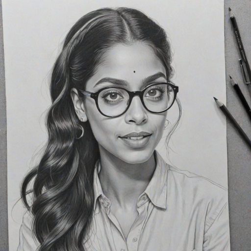 Magnificent Lilly Singh, pencil sketch, portrait of Delightful woman 1956s in glasses, hair style beatnik, outline, clear lines, fine lines, 8k