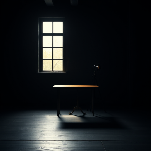 A dimly lit room with a single wooden table against a textured dark wall, featuring a vintage spotlight on a tripod and a large window letting in soft natural light, captured with a DSLR camera at f/2.8, ISO 100, 1/60 sec, using a 35mm lens for a shallow depth of field and a cinematic style.