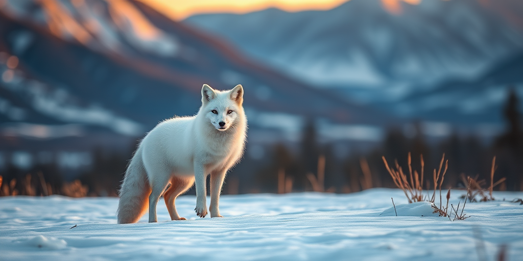 Regenerate an image of a white fox standing in a snowy landscape with mountains in the background during golden hour, using a DSLR camera with a 50mm lens, f/1.8 aperture, ISO 100, and a shallow depth of field for a soft background blur.