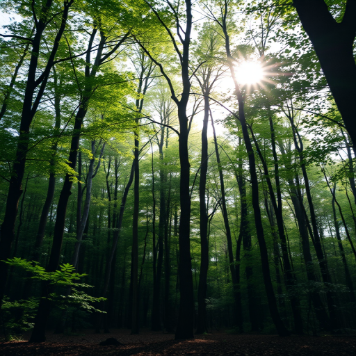 Generate a high-resolution image of a tranquil forest scene with soft sunlight filtering through the trees, using a DSLR camera with a 50mm lens, aperture set to f/2.8, ISO 100, shot at a low angle to capture the depth of the forest.