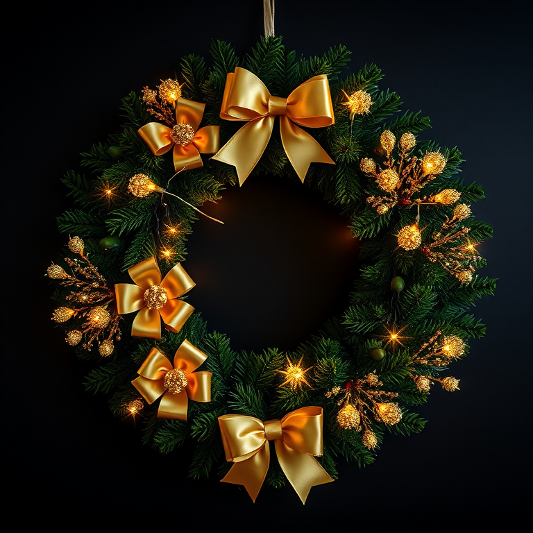 Create a high-resolution image of a Christmas wreath adorned with gold bows and sparkling lights against a dark background, using a DSLR camera, 50mm lens, f/2.8 aperture, ISO 100, and a soft focus style for a magical effect.