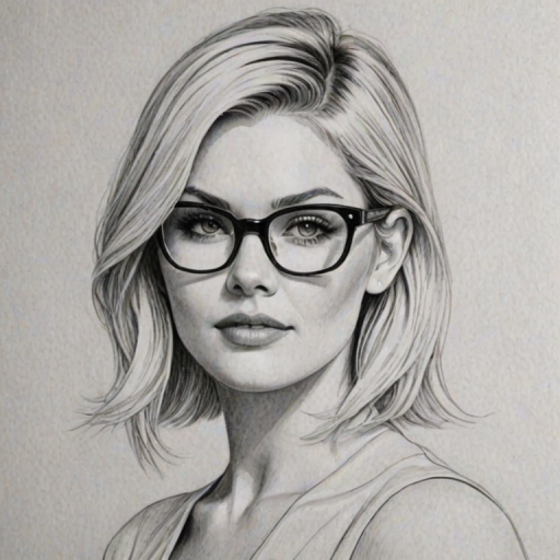 Sublime Elisha Cuthbert, pencil sketch, portrait of Magnificent woman 1968s in glasses, hair style beatnik, outline, clear lines, fine lines, 8k