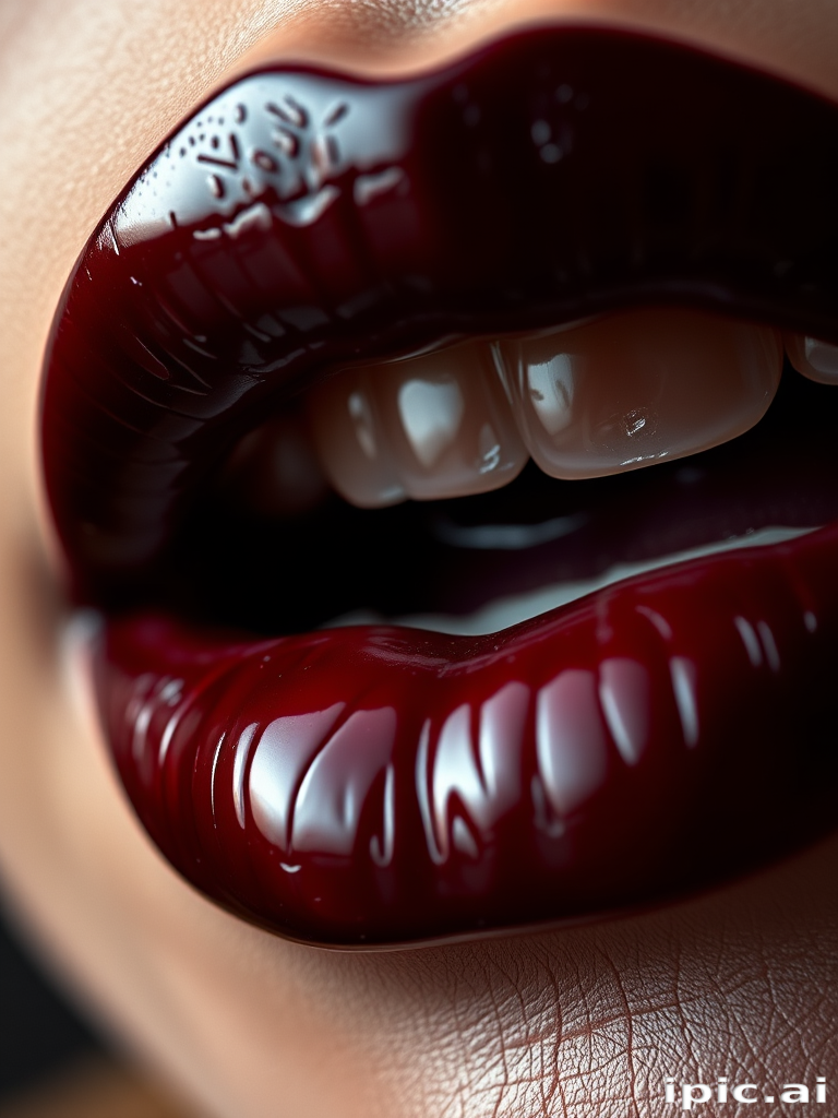 Intriguing close-up of black cherry lips with a glossy finish, emphasizing deep, rich color and reflective properties in contrasting light