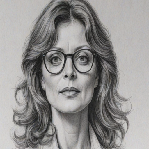 Stunning Susan Sarandon, pencil sketch, portrait of Magnificent woman 1979s in glasses, hair style beatnik, outline, clear lines, fine lines, 8k