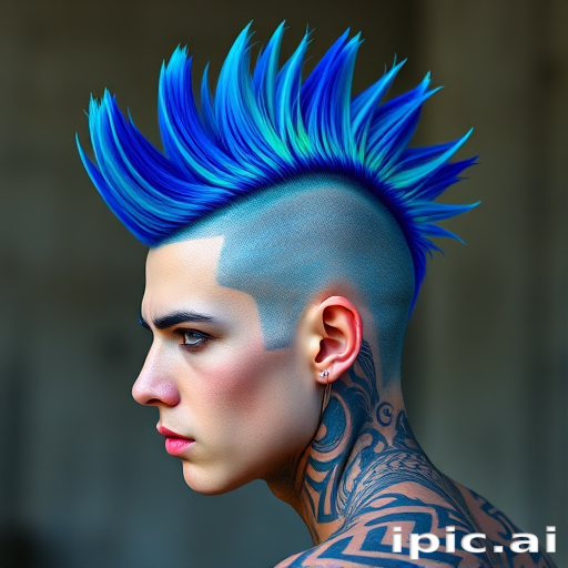 Intense electric blue mohawk with neon green streaks, styled in dramatic spikes and complemented by shaved sides with intricate tribal patterns, exuding a punk rock edge called Voltage Rebel