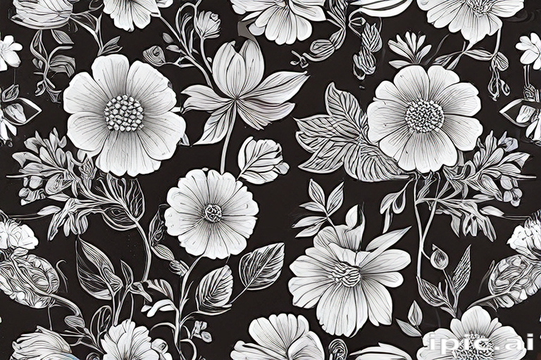 Elegant Black and White Floral Pattern Featuring Various Detailed ...