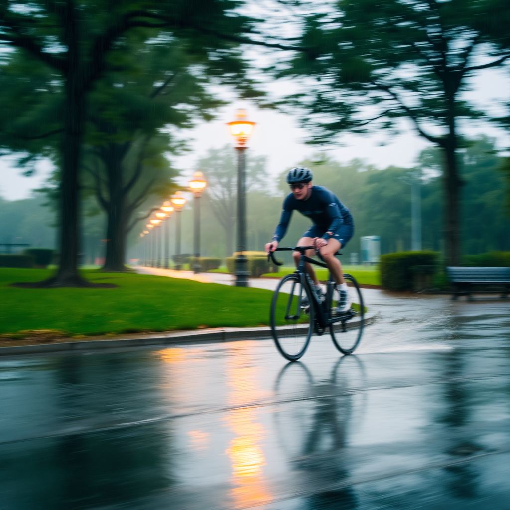 Blurry action shot of a cyclist racing through a city park in the rain, water splashing up from their tires, with soft golden light from distant streetlamps casting long shadows on the wet pavement.