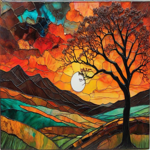 A vibrant abstract painting on Tiffany Glass, blending acrylic and alcohol ink techniques, captures a dramatic sunset over rolling hills. The artwork features a textured, rocky foreground in green and brown, layered abstract hills, and a striking sunset in rich oranges, yellows, and reds. A solitary black tree with intricate branches contrasts against the fiery sky, creating a dynamic and expressive portrayal of a breathtaking natural scene.