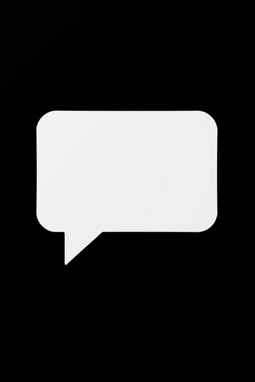 Create a high-resolution simple white speech bubble on a black background, using a Canon EOS R5, aperture f/2.8, ISO 100, 50mm lens, and a slight vignette effect for depth.