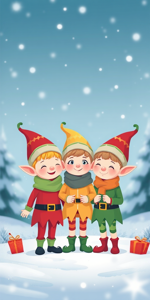 Create a festive illustration of three cartoon elves standing together in a snowy landscape, using a soft pastel color palette, with a shallow depth of field, shot from a slightly low angle, with a Canon EOS R5, f/4 aperture, ISO 100, and 35mm lens to enhance image quality.