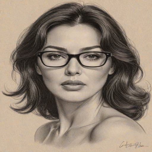 Pleasing Monica Bellucci, pencil sketch, portrait of Alluring woman 1948s in glasses, hair style beatnik, outline, clear lines, fine lines, 8k