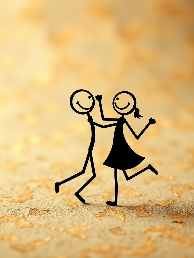 Create a digital illustration of two stick figures dancing joyfully on a textured background, using a DSLR camera with a 50mm lens, f/2.8 aperture, ISO 100, and a soft-focused aesthetic for a warm, inviting atmosphere.