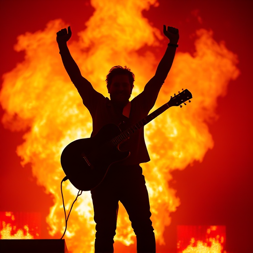 Create a silhouette of a musician celebrating with a guitar in front of a dramatic orange and red flame background, using a DSLR camera with a 50mm f/1.8 lens, aperture set to f/2.8, ISO 200, and a wide shot from eye level to capture dynamic lighting and contrast.
