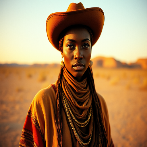 Dramatic photo of a beautiful Nubian woman, classic cowboy attire, confident and free spirit expression, half-length portrait, centered, golden hour desert landscape, warm, diffused light, low angle, medium format film camera, in style of Annie Leibovitz.