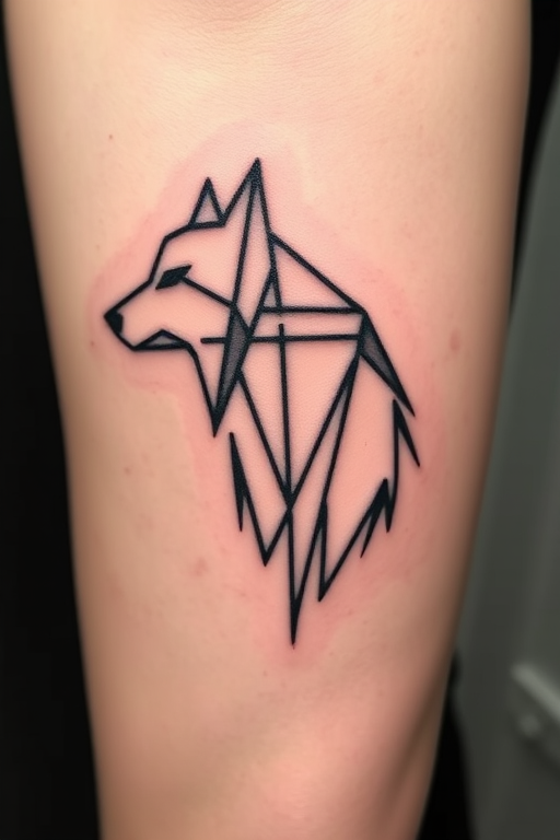 Minimalist blackwork tattoo showcasing geometric shapes forming a sleek wolf silhouette, bold lines and dotwork shading, stark contrast against skin, precise symmetry and balance