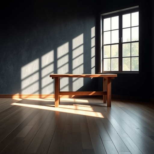 create a serene interior scene of an empty room with a rustic wooden table against a dark textured wall, soft natural light streaming through a large window, using a Canon EOS R5 with a 35mm f/1.4 lens, aperture set to f/2.8, ISO 200, low-angle shot to capture the depth and atmosphere of the space