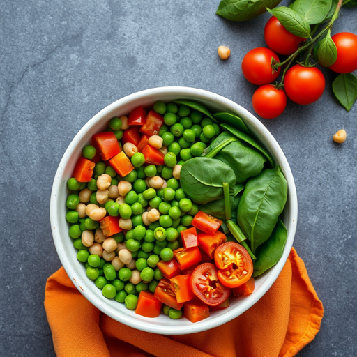 Regenerate a vibrant, high-quality image of a bowl filled with chopped tomatoes, green peas, chickpeas, and fresh spinach, arranged neatly on a textured grey background, using a DSLR camera with a 50mm lens, aperture f/2.8, ISO 200, shot from a top-down view to enhance colors and details.