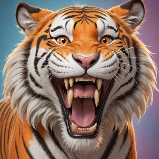 Disney style, cartoon illustration of an orange and white tiger with messy hair smiling very wide open mouth showing, in the Disney Pixar animation style, in the style of Don Bluth, full teeth body, with a very detailed face, very detailed eyes, very detailed fur, full color, very colorful, with a very colorful background, soft pastel colors, high resolution, high quality, high detail, hyper realistic
