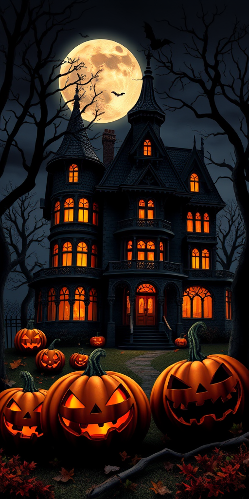 Create a spooky Halloween scene featuring a dark, gothic mansion with intricate architecture illuminated by glowing orange lights. Surround the mansion with twisted trees, a full moon in the background, and bats flying in the night sky. Add carved pumpkins with eerie expressions in the foreground and autumn leaves scattered around to enhance the atmosphere.
