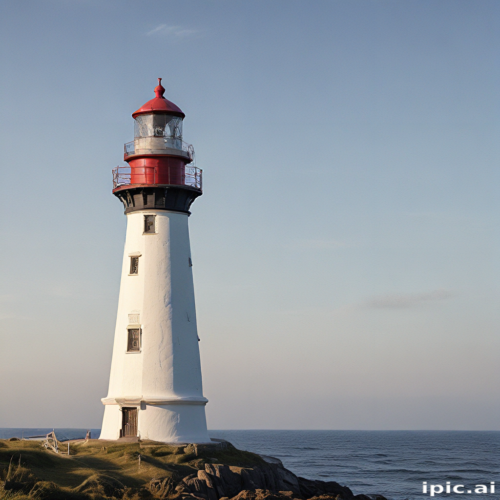A Majestic Lighthouse Standing Tall Against the Calm Ocean Horizon.