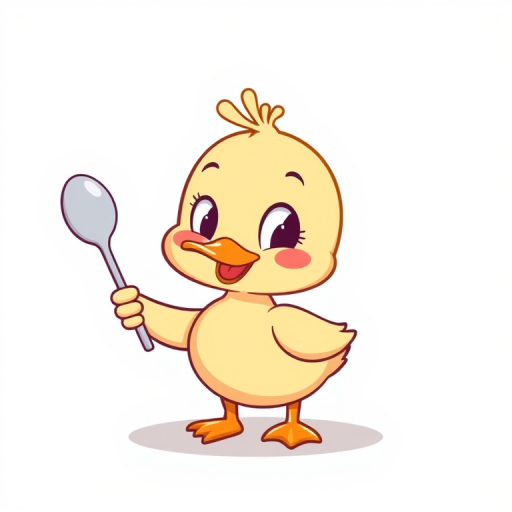 Cute cartoon duck character holding a spoon with a cheerful expression, simple and colorful design against a light background.