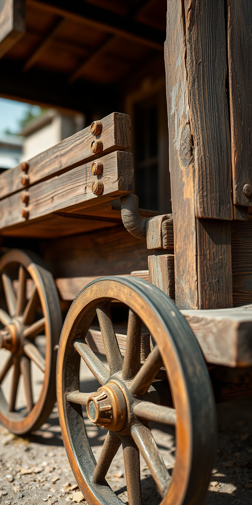 Create a detailed image of a vintage wooden cart with a rustic design, captured from a low angle perspective, using a DSLR camera with a 50mm lens, aperture set to f/8, shutter speed 1/125 sec, ISO 200, natural lighting to enhance textures and colors.