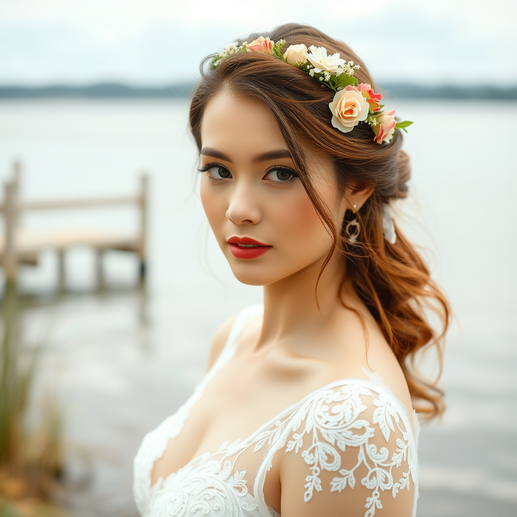 water front lake scene, bridal model, delicate lace gown, floral headpiece, soft romantic focus, high-key lighting and an 85mm lens for soft, even tones that highlight the model’s face and bright outfit against a white or light background