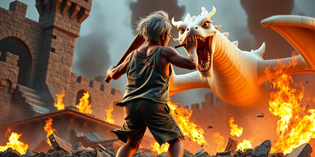 Cartoon 3D High-Resolution,dynamic battle scene using Unreal Engine 5 and Octane Render. The scene features back of an elderly, thai man with a beard,messy hair and round golden-rimmed glasses. He is wearing a tattered tank top with soot marks, shorts, and sandals. sweating. he wields a baseball bat. He jump to fight with a white fire-breathing Europe dragon amidst a partially destroyed stone castle. Include intense flames, smoke, and debris to enhance the dramatic effect.