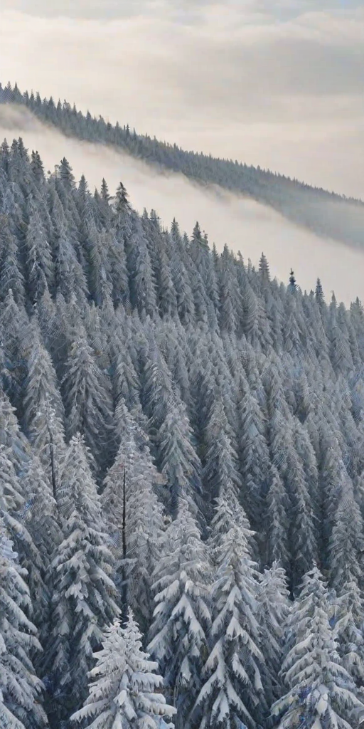 generate a serene winter landscape featuring a dense forest of snow-covered trees under a misty sky with soft clouds and a hint of sunlight filtering through the fog