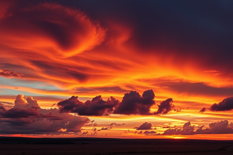 Create a high-resolution image of a detailed sunset landscape with vibrant colors and dramatic clouds, captured using a DSLR camera at f/11 aperture, ISO 200, 1/125 shutter speed, with a 24mm lens, in a wide-angle view for a panoramic effect.