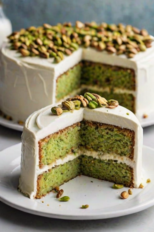 Create an image of a layered cake with a smooth white frosting on top. The cake should have a slice missing, revealing its moist interior. Decorate the top with crushed pistachios and a few whole ones for garnish, and place the cake on a simple white plate against a neutral background.