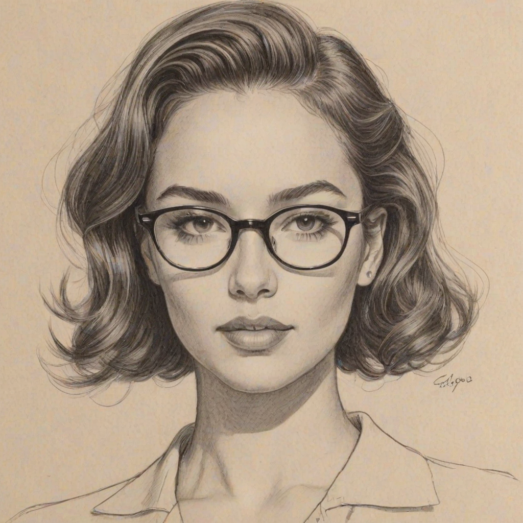 Captivating Ashley Moore, pencil sketch, portrait of Fetching woman 1954s in glasses, hair style beatnik, outline, clear lines, fine lines, 8k