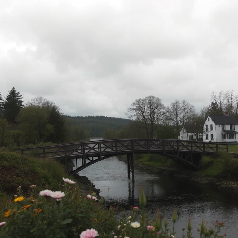 a moody landscape featuring a vintage wooden bridge over a river, surrounded by trees and quaint white houses, with flowers in the foreground and a cloudy sky above