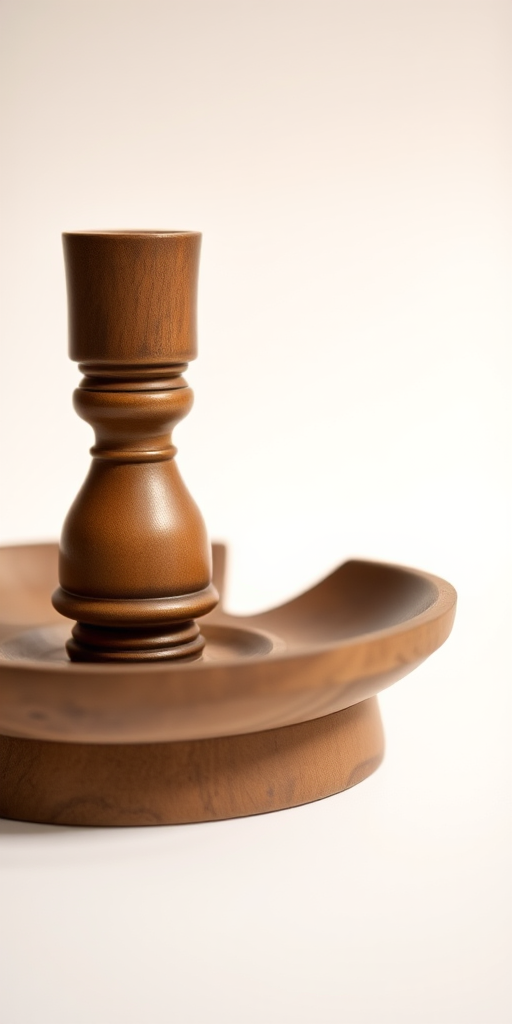 Generate a high-quality image of a vintage wooden candlestick holder on a neutral background, using a DSLR camera with a 50mm lens, aperture set at f/2.8 for a shallow depth of field, ISO 100, and a soft, diffused natural light to enhance texture and color.