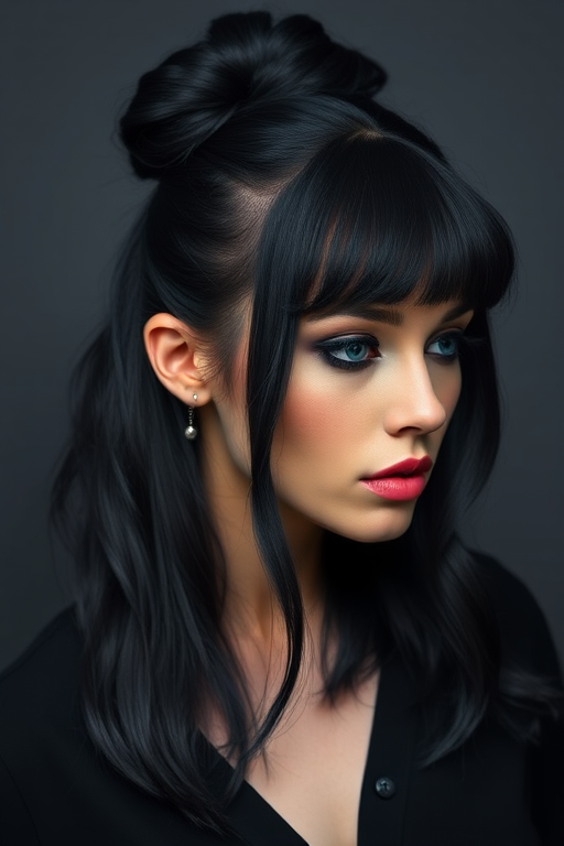 Raven black hair with subtle blue undertones, styled in a sleek, high bun with choppy bangs, the Midnight Raven style exudes mysterious allure and polished sophistication