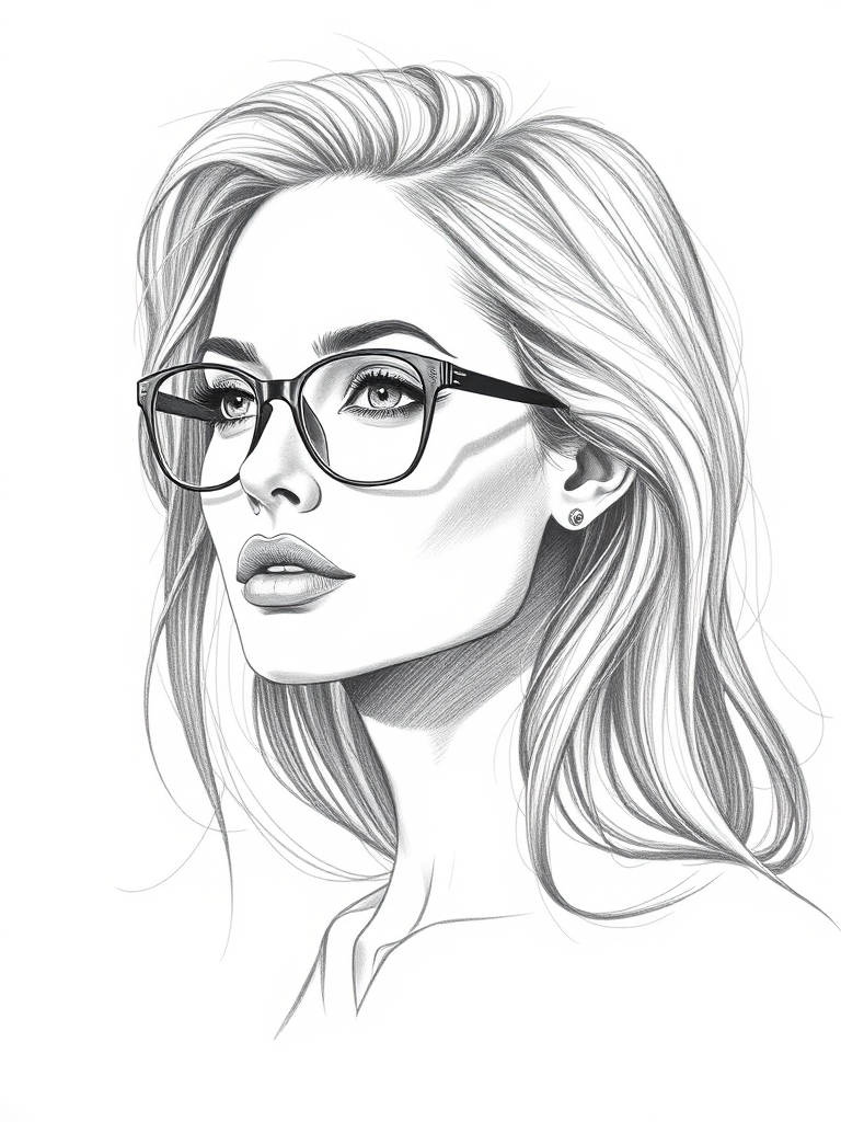 Beautiful Angelina Jolie, pencil sketch, portrait of beautiful woman 60s in glasses, hair style beatnik, outline, clear lines, fine lines, 8k