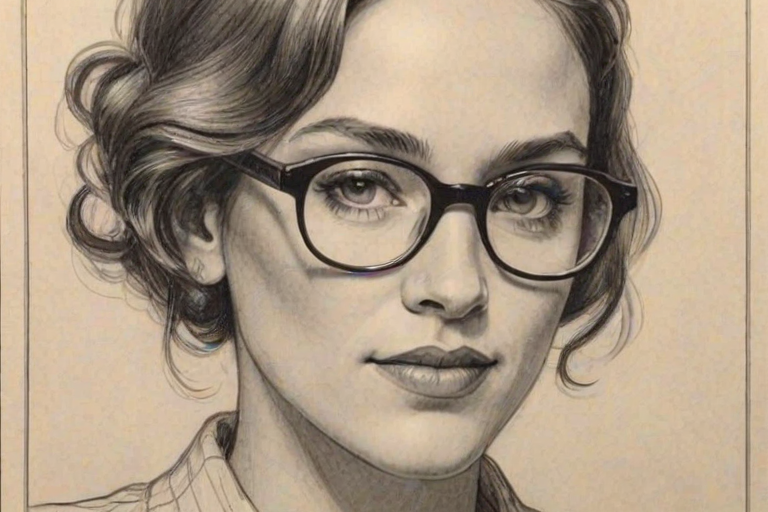 Graceful Amy Jo Johnson, pencil sketch, portrait of Fascinating woman 1920s in glasses, hair style beatnik, outline, clear lines, fine lines, 8k