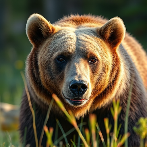 A close-up of a grizzly bear in its natural habitat with soft morning light, aperture set to f/2.8 for shallow depth of field, ISO 200 for clarity, captured with a DSLR camera using a 70-200mm lens at 100mm, ensuring high detail and vibrant colors.