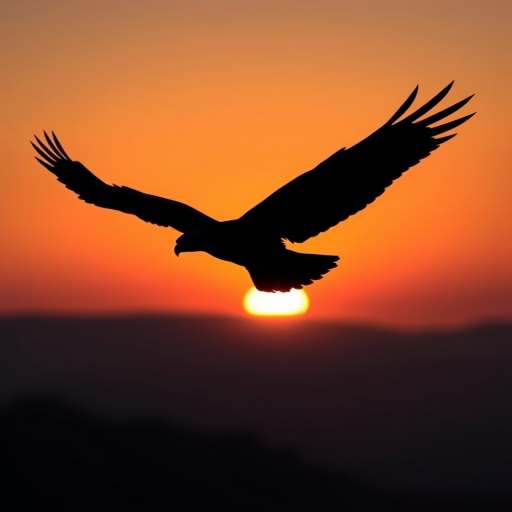Generate a high-resolution image of a stylized black silhouette of an eagle in mid-flight, captured with a DSLR camera at 50mm focal length, aperture f/2.8, ISO 100, in vibrant sunset lighting with a slight golden hour glow, using a wide-angle perspective for depth.