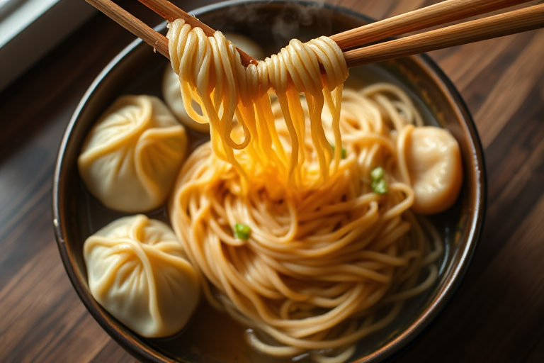 A bowl of steaming noodles with chopsticks lifting strands, alongside three dumplings, shot with a Canon EOS 5D Mark IV, aperture f/2.8, ISO 100, 50mm lens, overhead view, in soft natural light to enhance colors and textures.