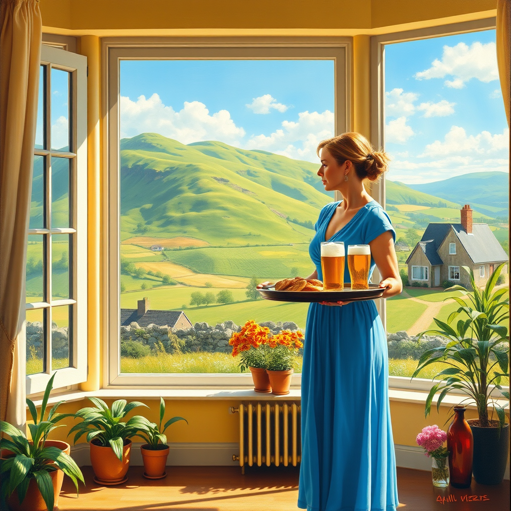 In "A Glass of Beer on the Highland," a serene scene is depicted in a sunlit room where a woman in a vibrant blue dress stands by a large window. She holds a tray with a hearty meal and a frothy glass of beer, embodying a moment of relaxation. Outside, the breathtaking highland landscape features rolling green hills and a charming traditional house, all bathed in warm afternoon light. The interior is adorned with potted plants, creating a harmonious blend of comfort and nature. The painting beautifully captures the tranquility and joy found in simple pleasures amidst stunning scenery