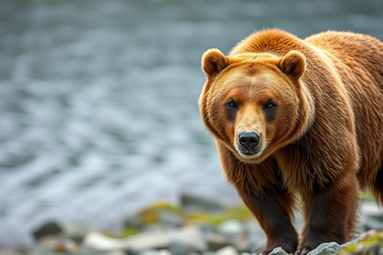 A close-up shot of a brown bear standing on a rocky surface by a serene body of water, taken with a DSLR camera at f/2.8 aperture, 1/250 shutter speed, ISO 200, using a 70-200mm lens for a shallow depth of field to blur the background, capturing the details of the bear's fur and natural surroundings in vibrant colors.