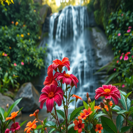 generate a hyper-realistic image of a serene waterfall surrounded by lush greenery and vibrant flowers, use a Canon EOS R5 with a 24-70mm f/2.8 lens, shoot in Aperture Priority mode at f/8, ISO 100, with a 1/250s exposure, focus on capturing the intricate details of the flora and the flowing water in soft morning light, composition should include a foreground element to create depth