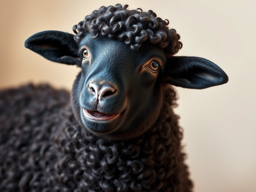 Regenerate an image of a smiling black sheep with curly wool, positioned against a soft neutral background, using a DSLR camera, f/2.8 aperture, 50mm lens, ISO 100, in portrait orientation, capturing the details of the wool and the sheep's expression with vibrant colors and sharp focus.