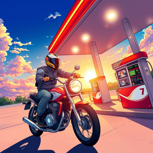 High-resolution illustration of a motorcycle rider at a gas station, emphasizing vibrant colors and sharp details, camera settings: f/5.6, ISO 100, shutter speed 1/250s, camera view: wide-angle, camera style: digital art, camera type: DSLR.