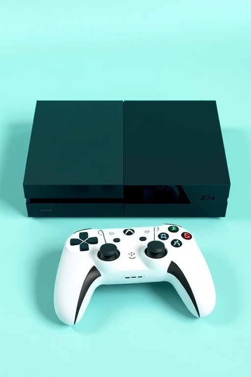Create a high-resolution 3D render of a sleek black gaming console with a white controller and a black controller on a soft turquoise background, using a 35mm lens, f/2.8 aperture, ISO 100, and a softbox lighting setup for even illumination.