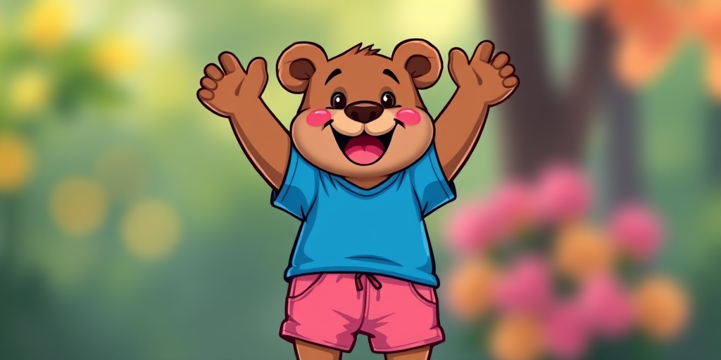 Create a vibrant cartoon illustration of a cheerful bear wearing a blue shirt and pink shorts, with a big smile and arms raised in a joyful pose, using a digital painting style, in high resolution with a 35mm lens effect, soft lighting, and a slight bokeh background to enhance depth.