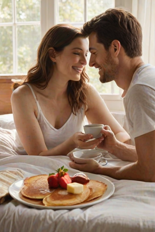 Warm, intimate image of a couple sharing breakfast in bed, soft sunlight streaming through the window, the smell of fresh coffee and pancakes filling the room, and a sense of coziness and contentment captured.